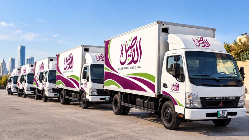 صف من شاحنات توزيع الأصيل بألوان العلامة